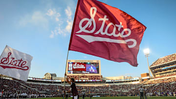 Sep 13, 2025; Starkville, Mississippi, USA; Mississippi State Bulldogs cheer team celebrates after a touchdown during the first half against the Alcorn State Braves at Davis Wade Stadium at Scott Field. Mandatory Credit: Wesley Hale-Imagn Images