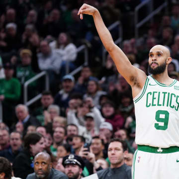 Dec 12, 2023; Boston, Massachusetts, USA; Boston Celtics guard Derrick White (9) reacts after his three point basket against the Cleveland Cavaliers in the second half at TD Garden. Mandatory Credit: David Butler II-USA TODAY Sports