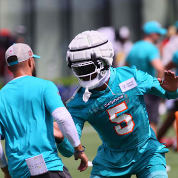 Jul 28, 2024; Miami Gardens, FL, USA; Miami Dolphins cornerback Jalen Ramsey (5) works out during training camp at Baptist Health Training Complex. Mandatory Credit: Sam Navarro-Imagn Images