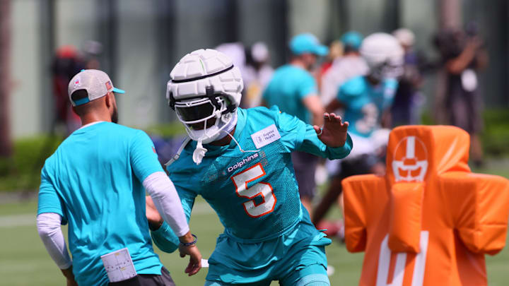 Jul 28, 2024; Miami Gardens, FL, USA; Miami Dolphins cornerback Jalen Ramsey (5) works out during training camp at Baptist Health Training Complex. Mandatory Credit: Sam Navarro-Imagn Images