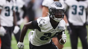 May 28, 2025; Philadelphia, PA, USA; Philadelphia Eagles safety Andrew Mukuba (24) during OTAs at NovaCare Complex. Mandatory Credit: Bill Streicher-Imagn Images