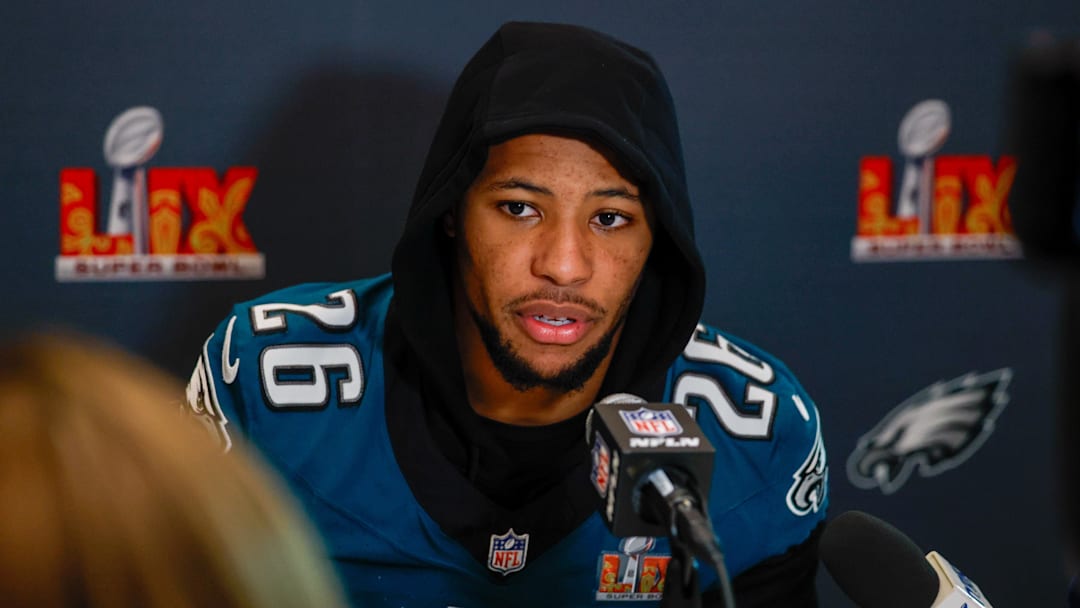 Feb 6, 2025; New Orleans, LA, USA;  Philadelphia Eagles running back Saquon Barkley (26) during a press conference in advance of Super Bowl LIX at New Orleans Marriott. Mandatory Credit: Stephen Lew-Imagn Images