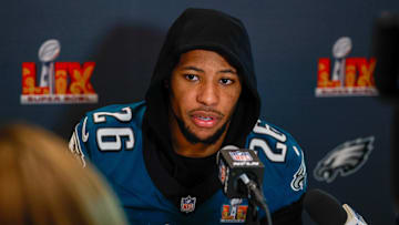 Feb 6, 2025; New Orleans, LA, USA;  Philadelphia Eagles running back Saquon Barkley (26) during a press conference in advance of Super Bowl LIX at New Orleans Marriott. Mandatory Credit: Stephen Lew-Imagn Images