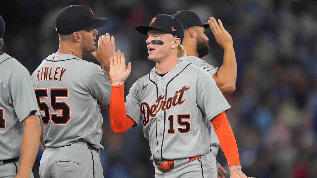Max Clark (15) and the Detroit Tigers celebrate a win over the Toronto Blue Jays. Credit: John E. Sokolowski-Imagn Images