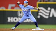 Sep 21, 2025; Arlington, Texas, USA; Texas Rangers second baseman Cody Freeman (39) throws to first base as he turns a double play against the Miami Marlins during the sixth inning at Globe Life Field.