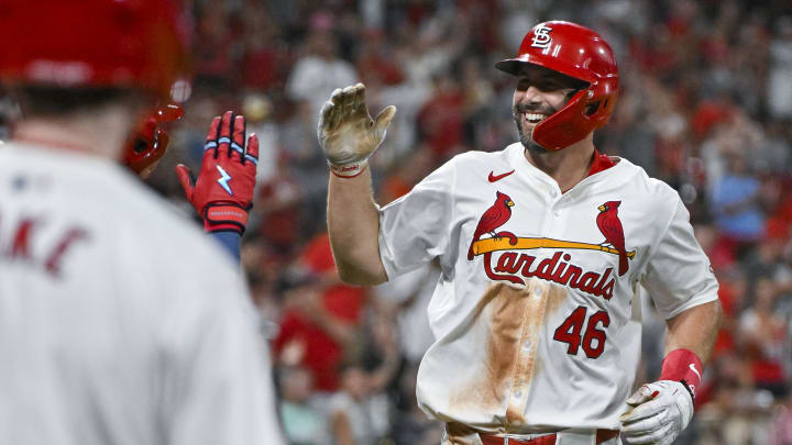 Aug 27, 2024; St. Louis, Missouri, USA;  St. Louis Cardinals first baseman Paul Goldschmidt (46) reacts after hitting a two run home run against the San Diego Padres during the fifth inning at Busch Stadium. Mandatory Credit: Jeff Curry-USA TODAY Sports