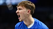 Oct 24, 2025; Dallas, Texas, USA; Dallas Mavericks forward Cooper Flagg (32) reacts before the game against the Washington Wizards at American Airlines Center. Mandatory Credit: Kevin Jairaj-Imagn Images