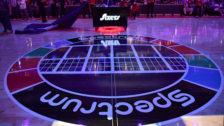 Feb 2, 2022; Philadelphia, Pennsylvania, USA; A view of the Spectrum logo at center court during game between Philadelphia 76ers and Washington Wizards at Wells Fargo Center. Mandatory Credit: Eric Hartline-Imagn Images