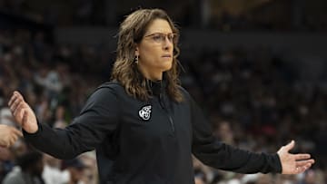 Jul 1, 2025; Minneapolis, Minnesota, USA; Indiana Fever head coach Stephanie White looks on against the Minnesota Lynx in the second half during the Commissioner's Cup final at Target Center. Mandatory Credit: Jesse Johnson-Imagn Images