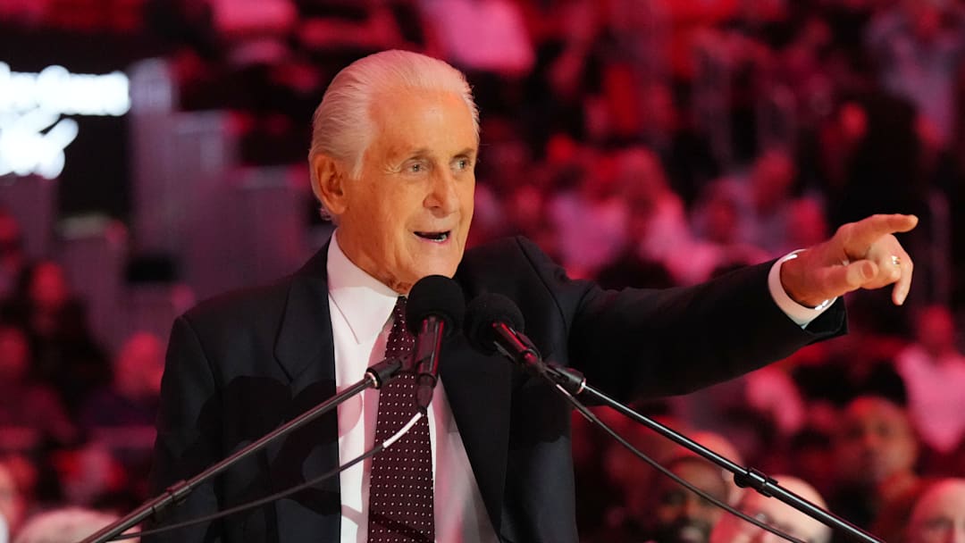 Miami Heat president Pat Riley addresses the crowd during the Pat Riley Court dedication ceremony at halftime at Kaseya Center on October 23, 2024. 