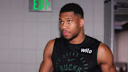 Feb 7, 2025; Atlanta, Georgia, USA; Milwaukee Bucks forward Giannis Antetokounmpo (34) prepares for a game against the Atlanta Hawks at State Farm Arena. Mandatory Credit: Brett Davis-Imagn Images