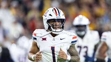 Nov 28, 2025; Tempe, Arizona, USA; Arizona Wildcats quarterback Noah Fifita (1) against the Arizona State Sun Devils during the 99th Territorial Cup at Mountain America Stadium. Mandatory Credit: Mark J. Rebilas-Imagn Images