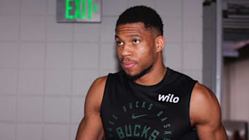 Feb 7, 2025; Atlanta, Georgia, USA; Milwaukee Bucks forward Giannis Antetokounmpo (34) prepares for a game against the Atlanta Hawks at State Farm Arena. Mandatory Credit: Brett Davis-Imagn Images