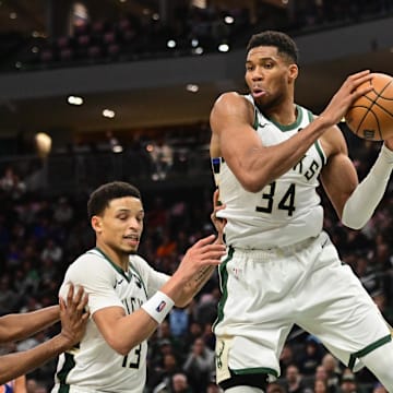 Oct 28, 2025; Milwaukee, Wisconsin, USA;  Milwaukee Bucks forward Giannis Antetokounmpo (34) grabs a rebound in the 3rd quarter against the New York Knicks at Fiserv Forum. Mandatory Credit: Benny Sieu-Imagn Images