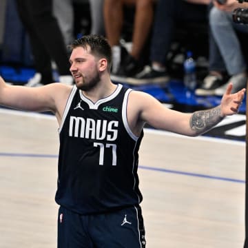 Jun 14, 2024; Dallas, Texas, USA; Dallas Mavericks guard Luka Doncic (77) reacts during the firs half of game four against the Boston Celtics in the 2024 NBA Finals at American Airlines Center. Mandatory Credit: Jerome Miron-USA TODAY Sports