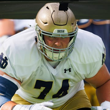 Notre Dame offensive lineman Billy Schrauth participates in a drill during a Notre Dame football practice at Irish Athletic Center on Tuesday, Aug. 6, 2024, in South Bend.