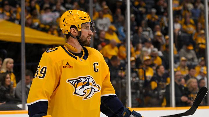 Mar 21, 2026; Nashville, Tennessee, USA; Nashville Predators defenseman Roman Josi (59) awaits the face-off against the Vegas Golden Knights during the third period at Bridgestone Arena. Mandatory Credit: Steve Roberts-Imagn Images Mar 21, 2026; Nashville, Tennessee, USA; Nashville Predators defenseman Roman Josi (59) awaits the face-off against the Vegas Golden Knights during the third period at Bridgestone Arena. Mandatory Credit: Steve Roberts-Imagn Images
