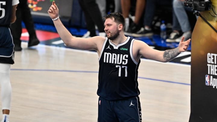 Jun 14, 2024; Dallas, Texas, USA; Dallas Mavericks guard Luka Doncic (77) reacts during the firs half of game four against the Boston Celtics in the 2024 NBA Finals at American Airlines Center. Mandatory Credit: Jerome Miron-USA TODAY Sports