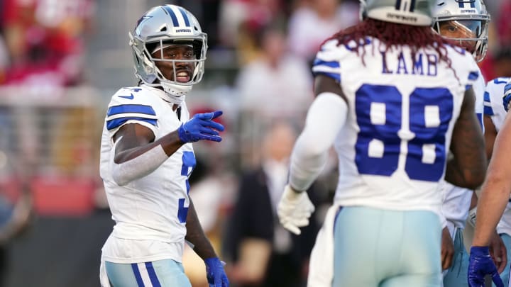 Oct 8, 2023; Santa Clara, California, USA; Dallas Cowboys wide receiver Brandin Cooks (left) talks to wide receiver CeeDee Lamb (88) during the first quarter against the San Francisco 49ers at Levi's Stadium. 