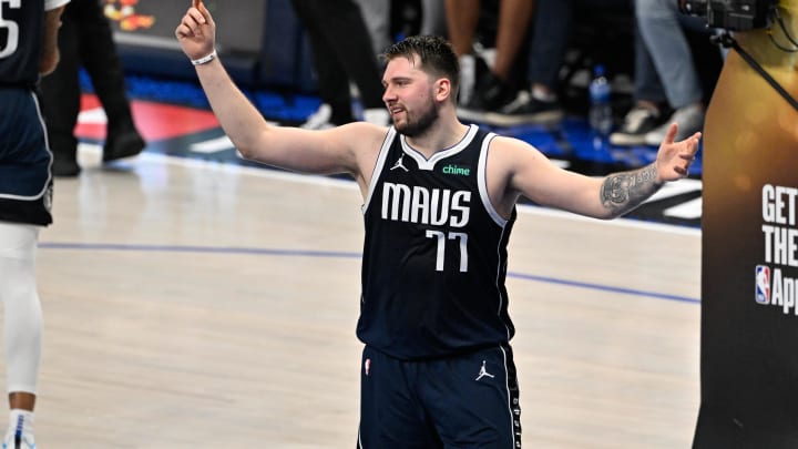 Dallas Mavericks guard Luka Doncic (77) reacts during the firs half of game four against the Boston Celtics in the 2024 NBA Finals at American Airlines Center. Mandatory Credit: