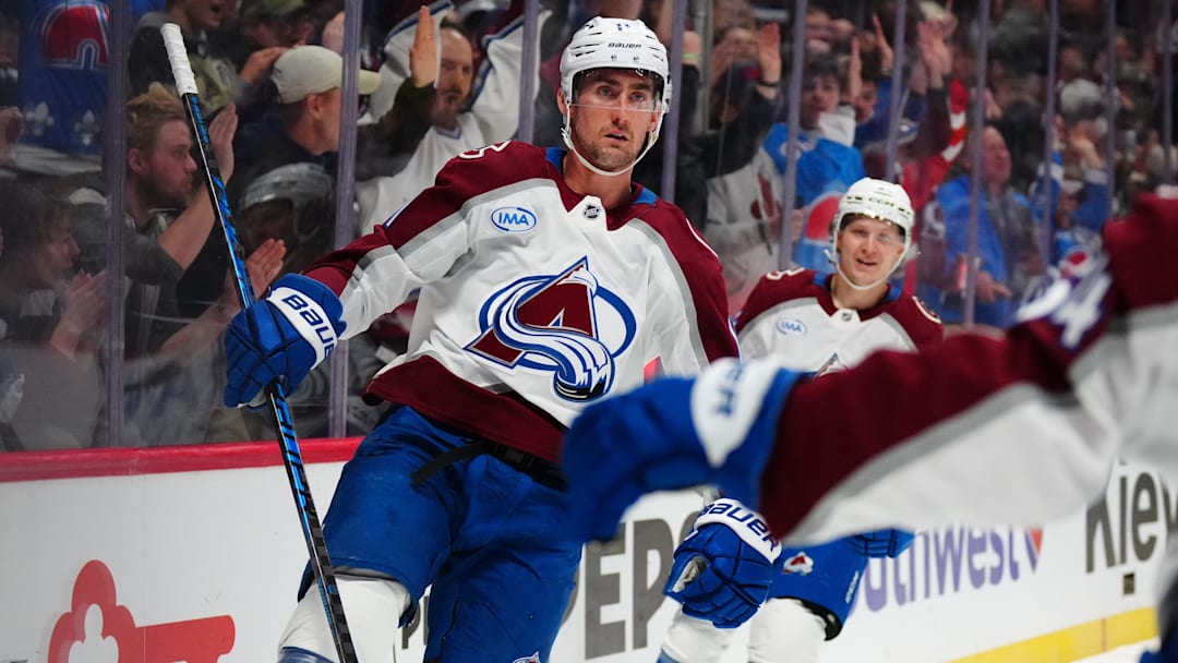 Dec 29, 2025; Denver, Colorado, USA; Colorado Avalanche center Brock Nelson (11) celebrates his goal in the second period against the Los Angeles Kings at Ball Arena. Mandatory Credit: Ron Chenoy-Imagn Images