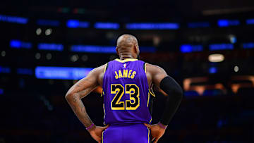 Feb 6, 2025; Los Angeles, California, USA; Los Angeles Lakers forward LeBron James (23) during the second half at Crypto.com Arena. Mandatory Credit: Gary A. Vasquez-Imagn Images