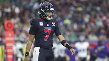 Dec 15, 2024; Houston, Texas, USA; Houston Texans quarterback C.J. Stroud (7) reacts after a play during the first quarter against the Baltimore Ravens at NRG Stadium.