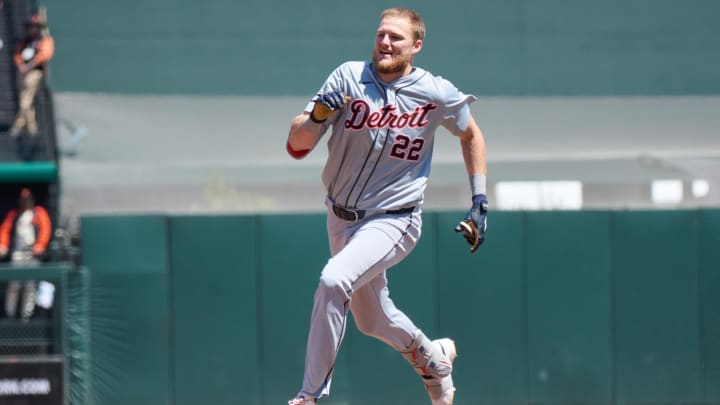 Aug 10, 2024; San Francisco, California, USA; Detroit Tigers outfielder Parker Meadows (22 runs on the bases after hitting a triple against the San Francisco Giants during the fifth inning at Oracle Park.