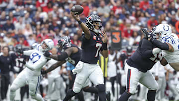 Oct 27, 2024; Houston, Texas, USA; Houston Texans quarterback C.J. Stroud (7) attempts a pass during the first quarter against the Indianapolis Colts at NRG Stadium. Mandatory Credit: Troy Taormina-Imagn Images