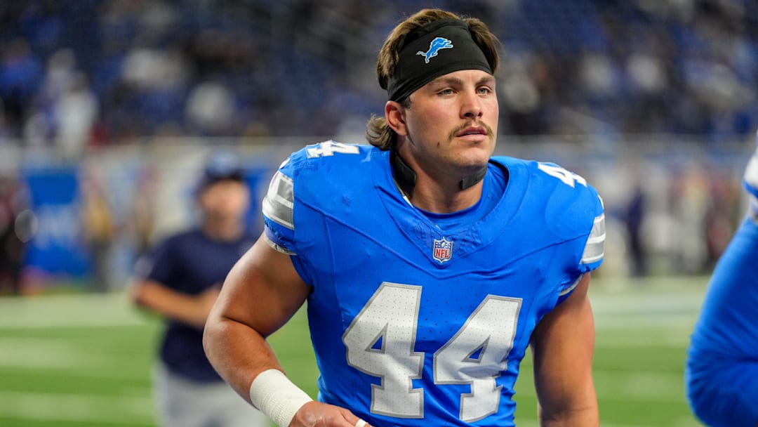 Detroit Lions linebacker Malcolm Rodriguez (44) runs off the field after warm ups during the first quarter of the NFL game at Ford Field in Detroit on Oct. 27, 2024.