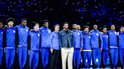 Oct 3, 2025; Durham, NC, USA;  Jayson Tatum, NBA Boston Celtics Player helps coach alongside Duke Blue Devils head coach Jon Scheyer during the Countdown to Craziness at the Cameron Indoor Stadium. Mandatory Credit: Jaylynn Nash-Imagn Images