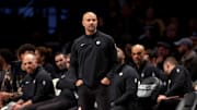 Mar 26, 2025; Brooklyn, New York, USA; Brooklyn Nets head coach Jordi Fernandez coaches against the Toronto Raptors during the third quarter at Barclays Center. Mandatory Credit: Brad Penner-Imagn Images