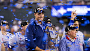 Nov 1, 2023; Phoenix, Arizona, USA; Texas Rangers general manager Chris Young celebrates with the trophy after winning the 2023 World Series in five game against the Arizona Diamondbacks at Chase Field. 