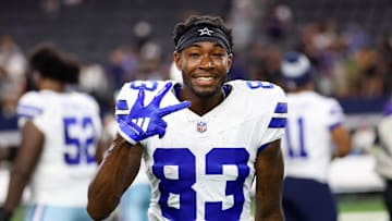 Aug 16, 2025; Arlington, Texas, USA;  Dallas Cowboys wide receiver Jalen Brooks (83) after the game against the Baltimore Ravens at AT&T Stadium. Mandatory Credit: Kevin Jairaj-Imagn Images