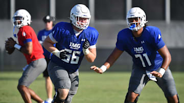 Offensive linemen Breck Kolojay (#66) and Pepe Keenyi (#71) during practice on Friday, Aug. 2, 2024 on IMG Academy Football Media Day in Bradenton, Florida.