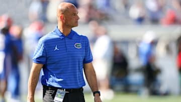 Nov 1, 2025; Jacksonville, Florida, USA; Florida Gators interim head coach Billy Gonzales looks on during warm ups prior to the game against the Georgia Bulldogs at EverBank Stadium. Mandatory Credit: Matt Pendleton-Imagn Images