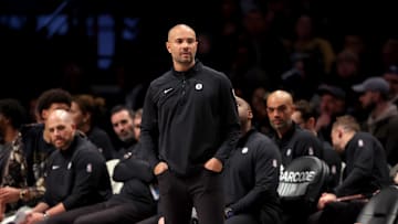 Mar 26, 2025; Brooklyn, New York, USA; Brooklyn Nets head coach Jordi Fernandez coaches against the Toronto Raptors during the third quarter at Barclays Center. Mandatory Credit: Brad Penner-Imagn Images