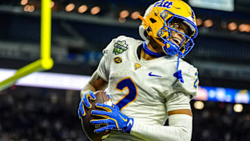 Pittsburgh Panthers wide receiver Kenny Johnson (2) celebrates his touchdown during one of the six overimes during of the 2024 GameAbove Sports Bowl at Ford Field in Detroit, on Thursday, Dec. 26, 2024.