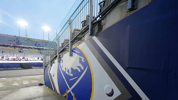 Mar 13, 2022; Hamilton, Ontario, CAN; \The logo off the Buffalo Sabres in the tunnel of the 2022 Heritage Classic ice hockey game against the Toronto Maple Leafs at Tim Hortons Field. Mandatory Credit: John E. Sokolowski-Imagn Images