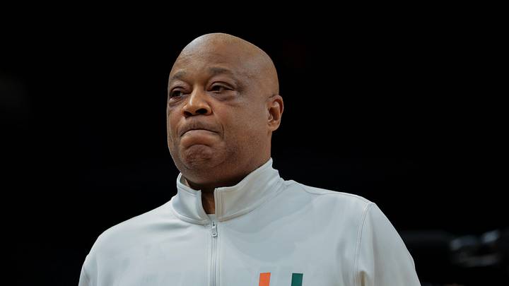Jan 11, 2025; Coral Gables, Florida, USA; Miami Hurricanes interim head coach Bill Courtney looks on after the game against the Wake Forest Demon Deacons at Watsco Center. Mandatory Credit: Sam Navarro-Imagn Images