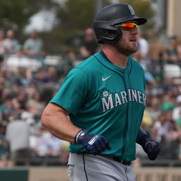 Seattle Mariners outfielder Luke Raley runs during a spring training game against the Athletics on March 17 at Hohokam Stadium.