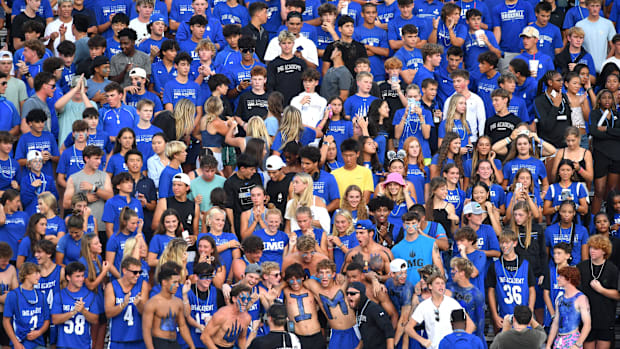 The IMG Academy student section gets fired up before kickoff. The IMG Academy National squad hosted the Cocoa High School Tig