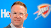 Thunder general manager Sam Presti speaks during an introductory press conference for the 2024 Thunder draft picks at Oklahoma Contemporary Arts Center in Oklahoma City, Saturday, June, 29, 2024.