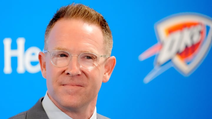 Thunder general manager Sam Presti speaks during an introductory press conference for the 2024 Thunder draft picks at Oklahoma Contemporary Arts Center in Oklahoma City, Saturday, June, 29, 2024.