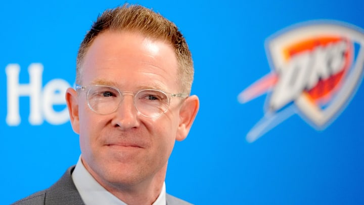Thunder general manager Sam Presti speaks during an introductory press conference for the 2024 Thunder draft picks at Oklahoma Contemporary Arts Center in Oklahoma City on Saturday, June, 29, 2024.