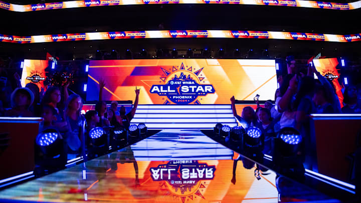 Jul 19, 2024; Phoenix, AZ, USA; Overall view of the all star game logo as fans cheer before the WNBA All-Star Skills Night at the Footprint Center. Mandatory Credit: Mark J. Rebilas-Imagn Images