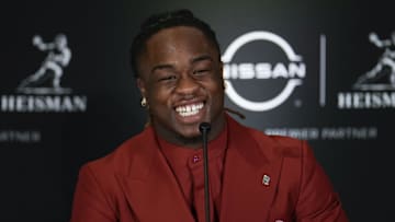 Boise State Broncos running back Ashton Jeanty during a press conference before the 2024 Heisman Trophy Presentation.