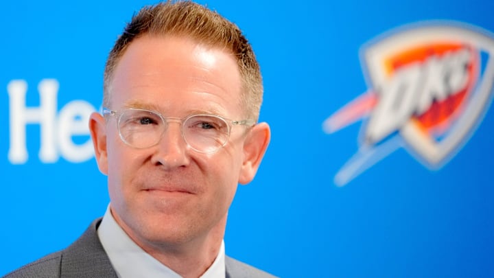 Thunder general manager Sam Presti speaks during an introductory press conference for the 2024 Thunder draft picks at Oklahoma Contemporary Arts Center in Oklahoma City, Saturday, June, 29, 2024.