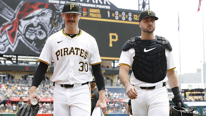 Pittsburgh Pirates starting pitcher Paul Skenes (30) and catcher Joey Bart (14) make their way in from the dugout to play the San Francisco Giants at PNC Park. Pittsburgh Pirates starting pitcher Paul Skenes (30) and catcher Joey Bart (14) make their way in from the dugout to play the San Francisco Giants at PNC Park.