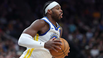 Oct 25, 2024; Salt Lake City, Utah, USA; Golden State Warriors guard Buddy Hield (7) goes to the basket against the Utah Jazz during the second quarter at Delta Center. Mandatory Credit: Rob Gray-Imagn Images